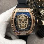 GB Factory Replica RM 052 Richard Mille Skull Rose Gold Diamonds Watch With Black Rubber Strap